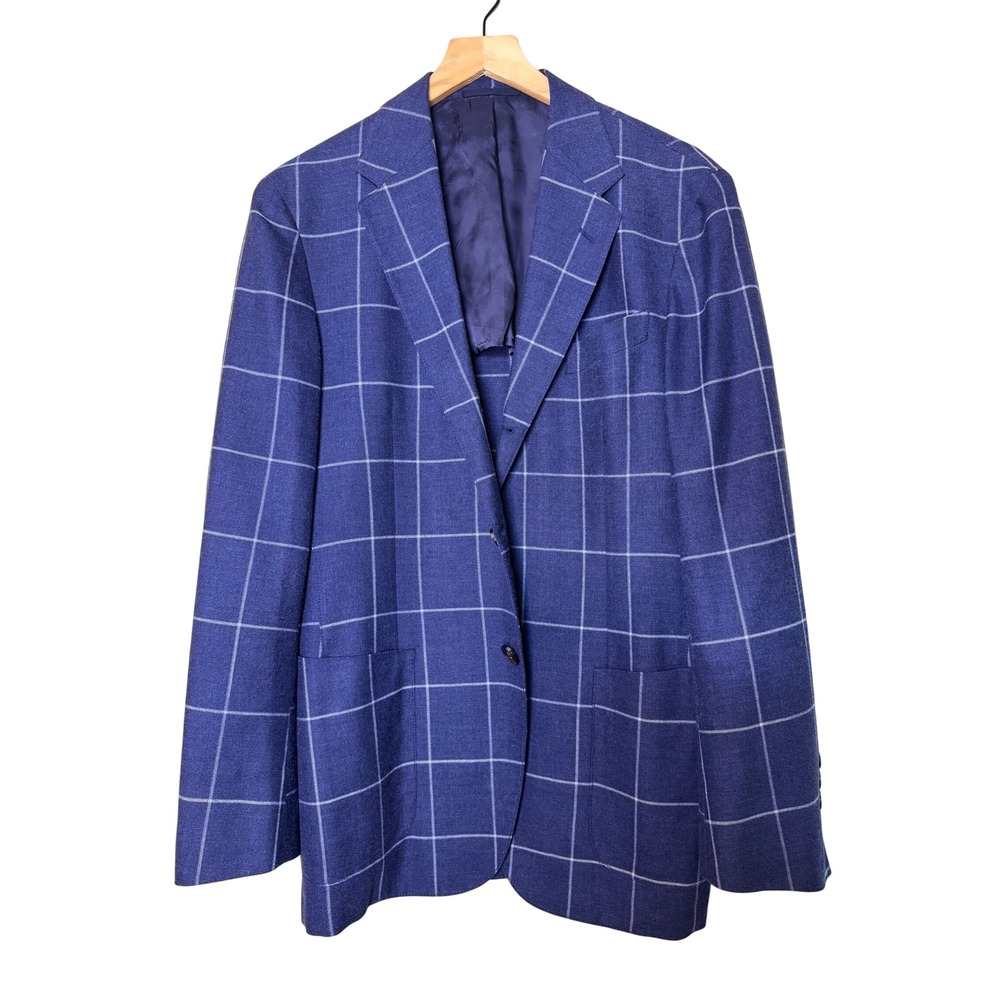 Faconnable Mens Blue Windowpane Wool Silk Blazer Sport Coat 52R Italy VBC Fabric